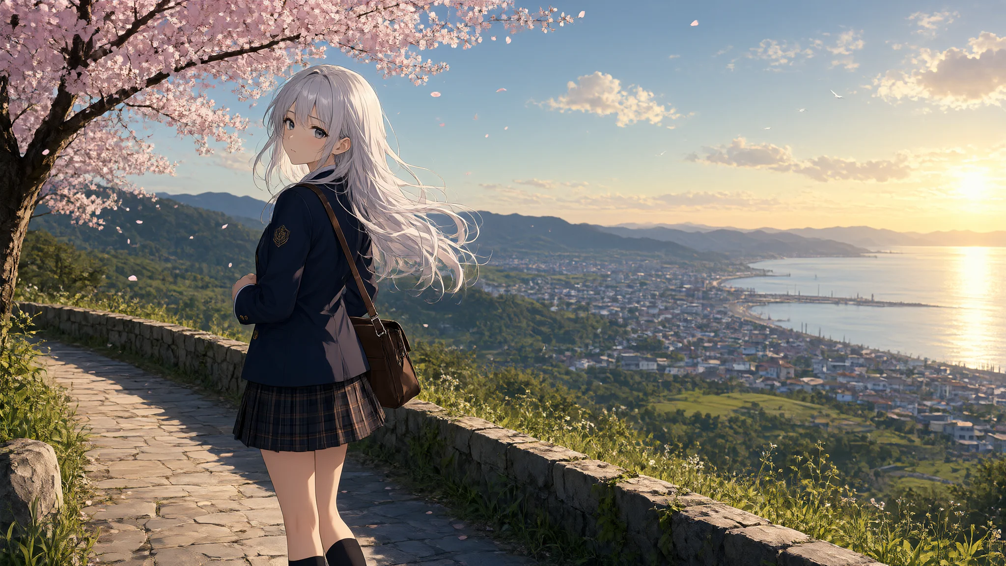 Original anime-style illustration of a silver-haired girl under cherry blossoms, generated with Qwen-Image-2.1-Turbo