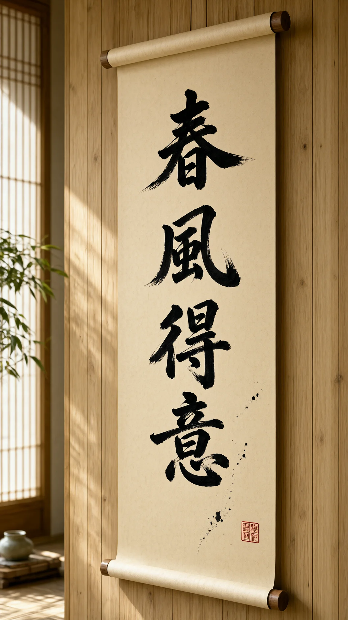 Chinese calligraphy scroll reading "春风得意", generated with Qwen-Image-2.1-Turbo