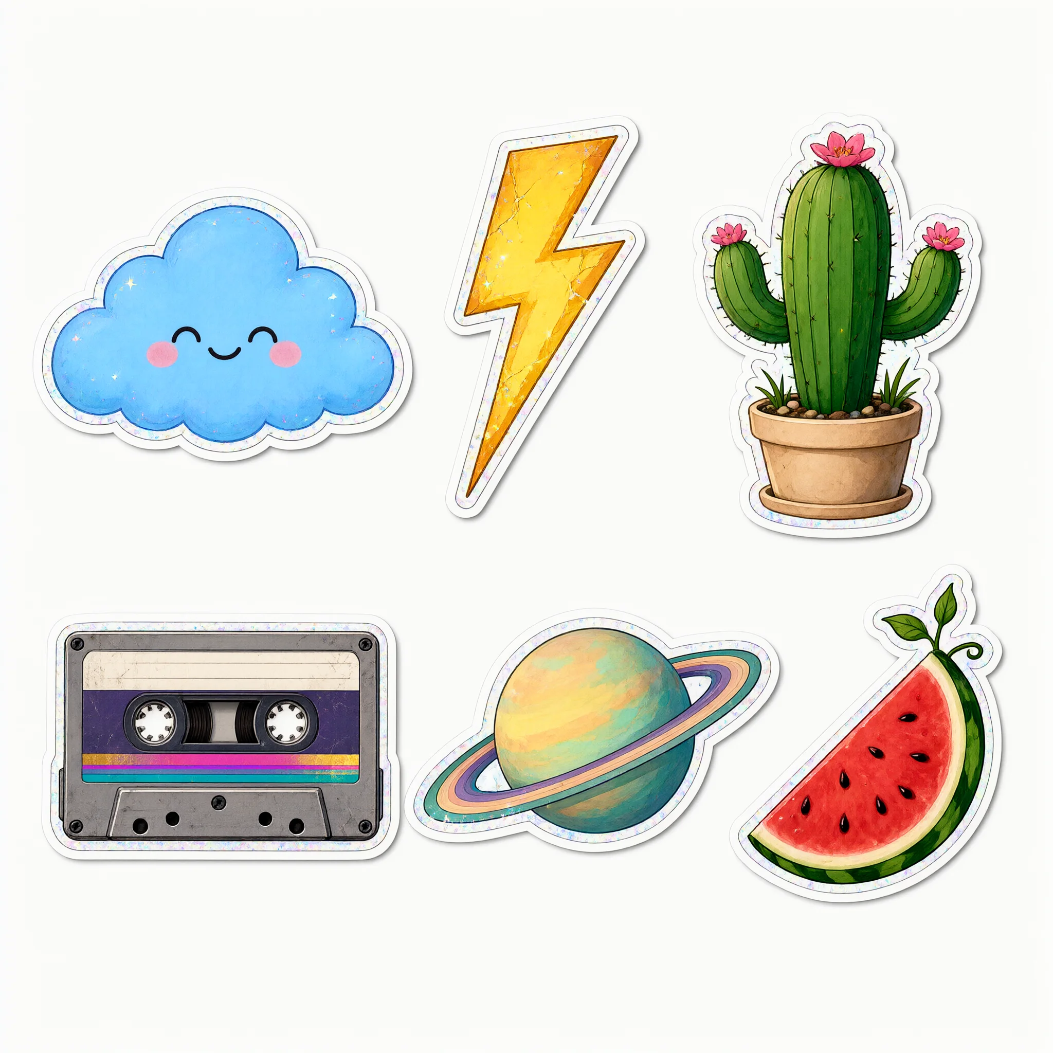 Sheet of six die-cut holographic stickers on a clean white background, generated with Qwen-Image-2.1-Turbo