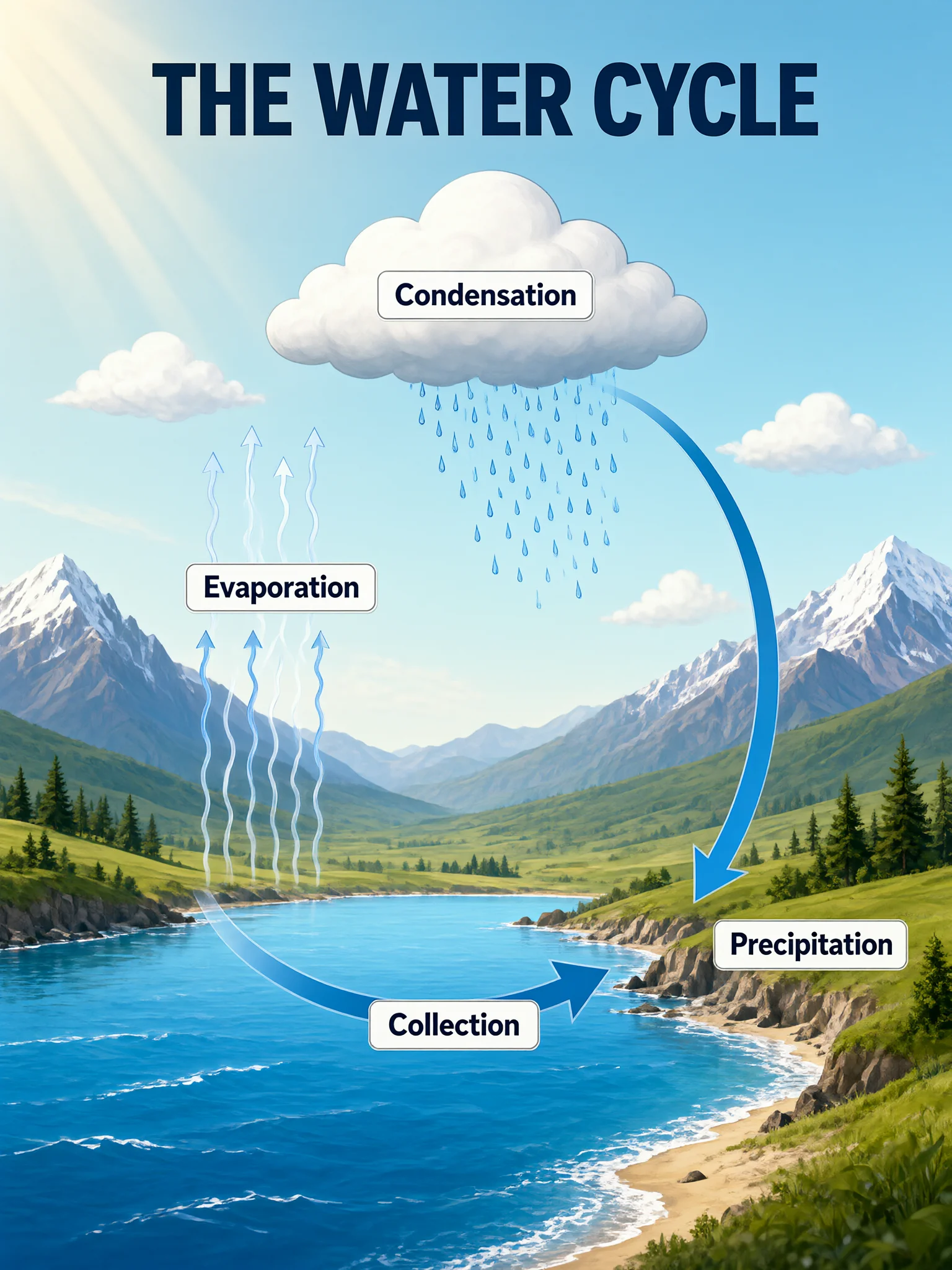 Infographic titled "THE WATER CYCLE" with four labeled stages, generated with Qwen-Image-2.1-Turbo
