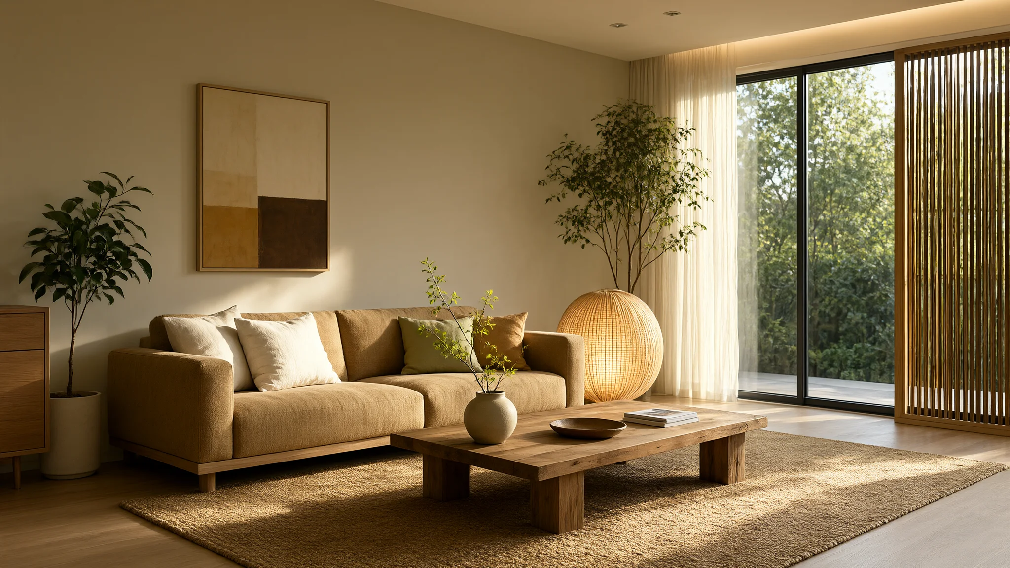 Japandi living room interior design render, generated with Qwen-Image-2.1-Turbo