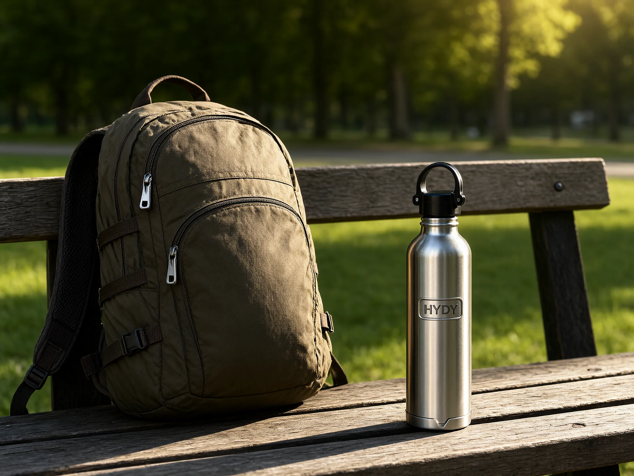 A backpack and a water bottle combined in a sunny park bench lifestyle scene, generated with Qwen-Image-2.1-Turbo