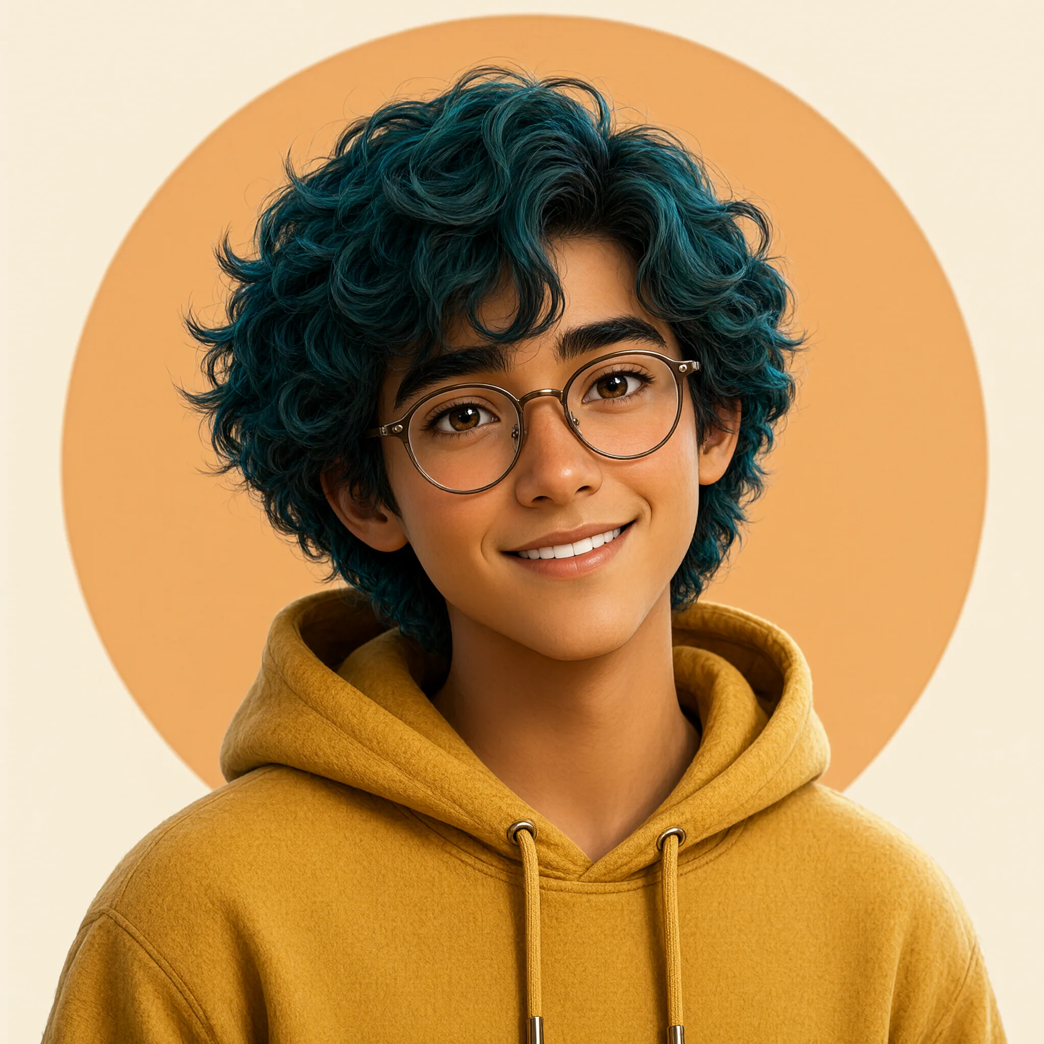 Stylized 3D avatar of a person with wavy teal hair and round glasses, generated with Qwen-Image-2.1-Turbo