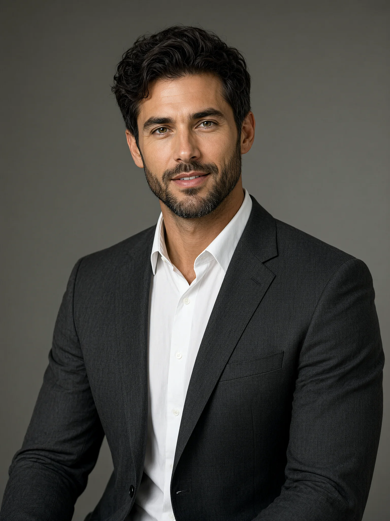 Photorealistic studio headshot of a fictional bearded man in a charcoal blazer, generated with Qwen-Image-2.1-Turbo