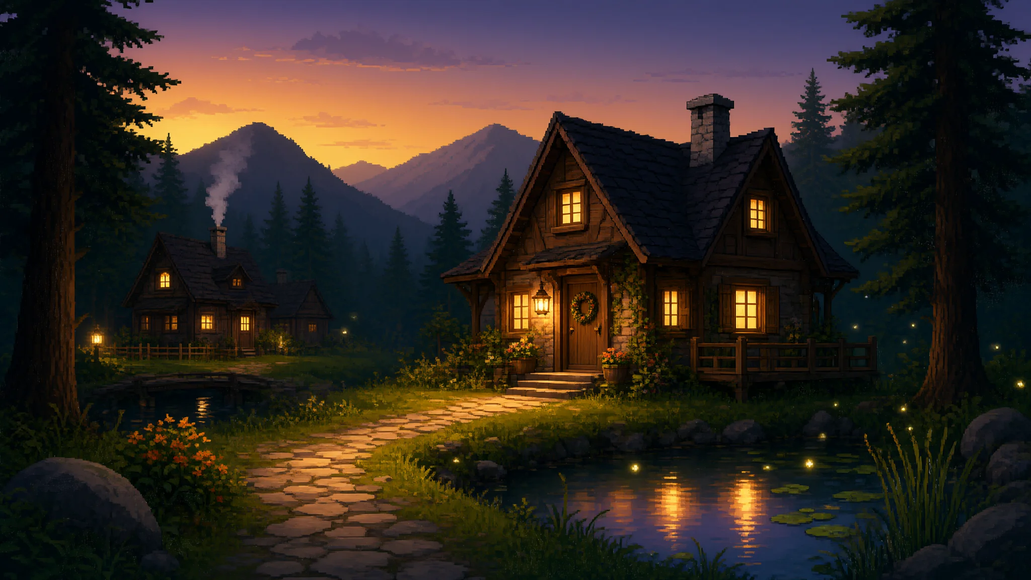 Pixel art scene of a cozy forest cottage at dusk, generated with Qwen-Image-2.1-Turbo