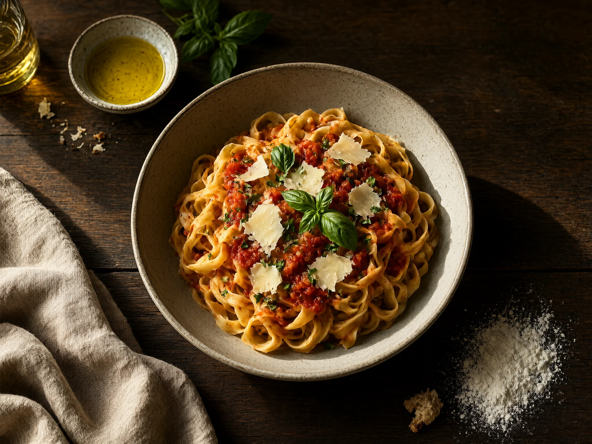Overhead food photo of tagliatelle with tomato sauce and basil on a dark rustic wooden table, generated with Qwen-Image-2.1-Turbo