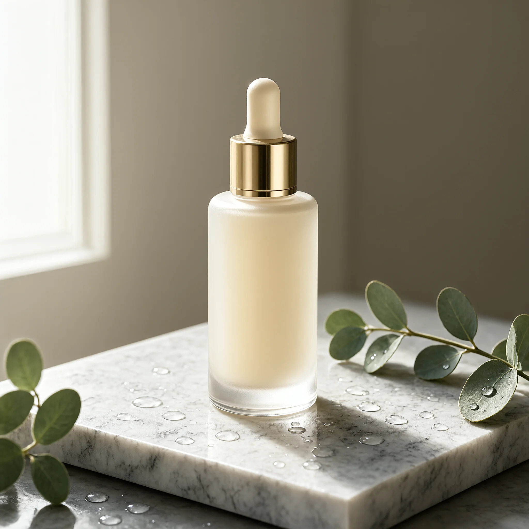 Frosted glass serum bottle on white marble in a studio product photo, generated with Qwen-Image-2.1-Turbo