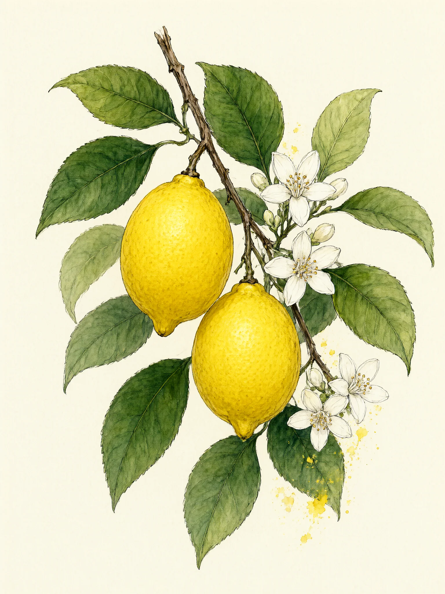 Watercolor painting of a lemon branch with two lemons and white blossoms, generated with Qwen-Image-2.1-Turbo