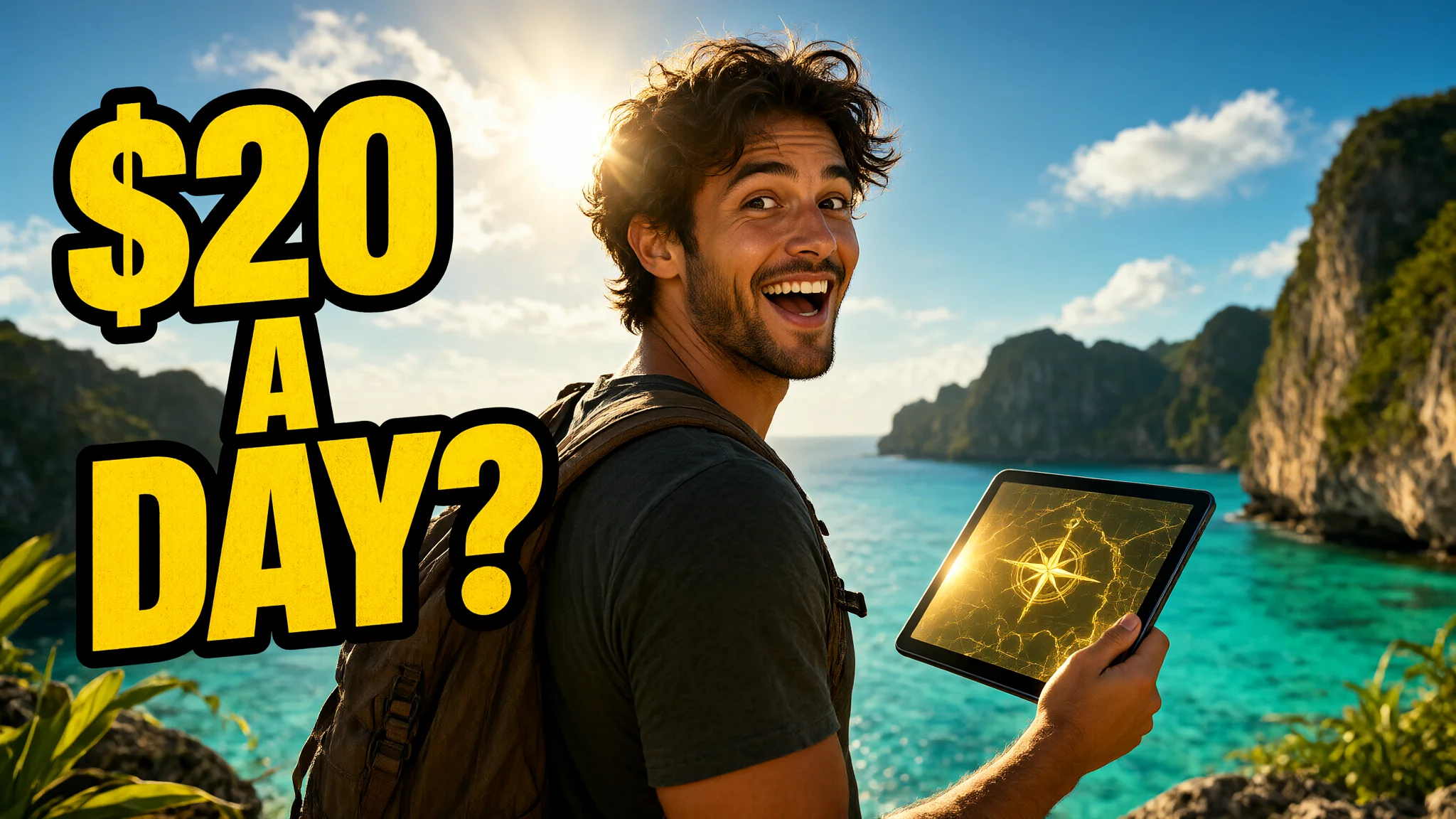 YouTube thumbnail with the text "$20 A DAY?" and a surprised backpacker by a turquoise lagoon, generated with Qwen-Image-2.1-Turbo